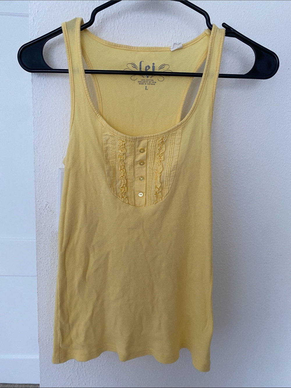 Vintage Lei Yellow Ribbed Tank with Ruffle Button 100% cotton
